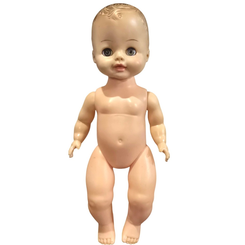 Vtg 1960s Horsman Baby Doll Molded Hair Blue Sleep Eyes Drink Wet Nude Toy 12"